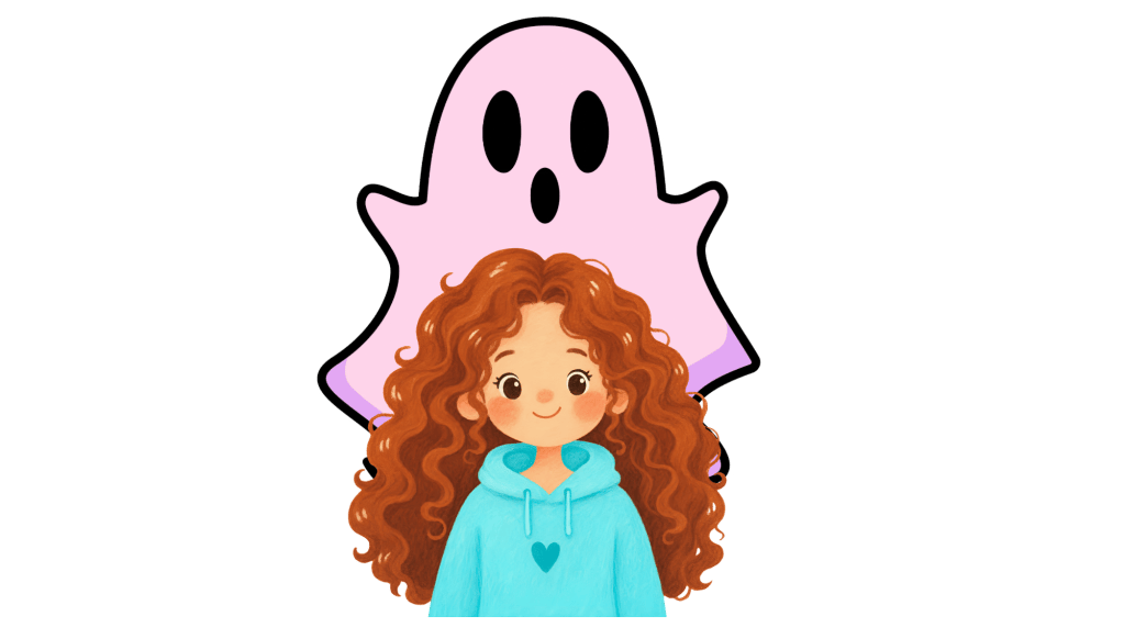 Ragazza con capelli ricci rossi davanti a un fantasma rosa.