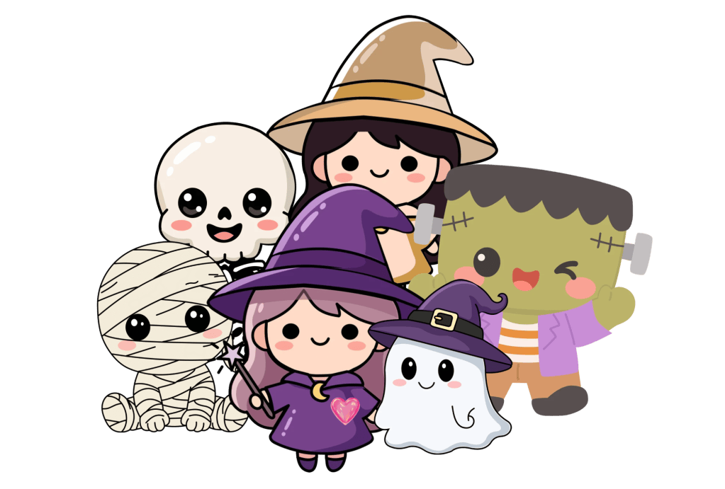 Un gruppo di personaggi kawaii di Halloween, tra cui un fantasma, una strega, un mummia, un teschio e Frankenstein.