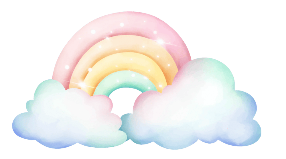 Un arcobaleno colorato con nuvole soffici e pastello sullo sfondo.